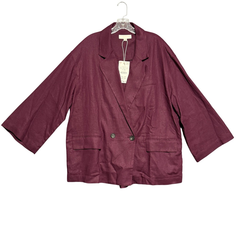 Zara Blazer Womens L Plum Purple Linen Blend Oversized Double Breasted Old money